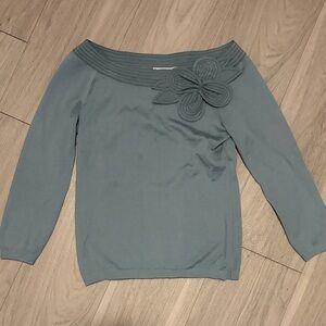 Moschino Teal Off-Shoulder Sweater with Floral Accent
